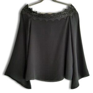 CAMI NYC / Silk Lace Trim Bell Sleeve A-Line Light Lined Blouse Top Black Sz M